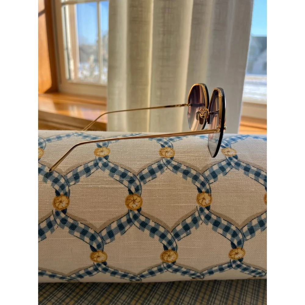 New LINDA FARROW Blue Gold Rimless Round Sunglasses